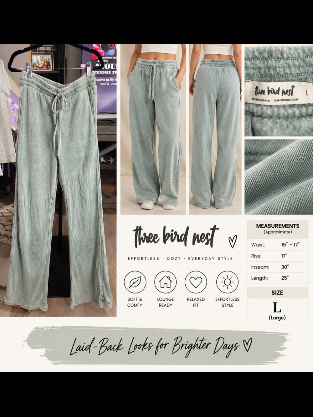 Three Bird Nest Sage Green Wide-Leg Sweatpants